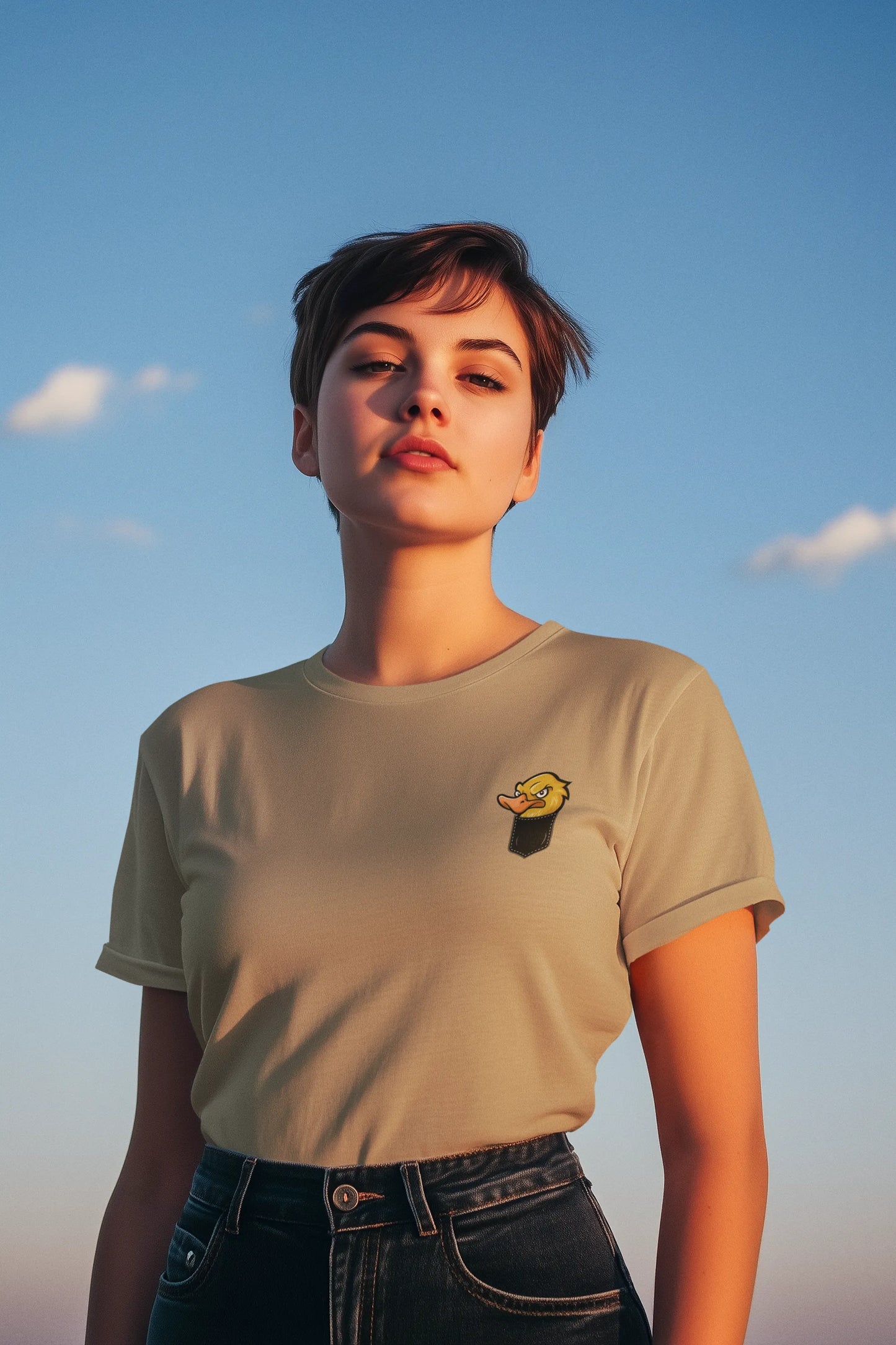 Angry Duck in Pocket Graphic T-Shirt – Cartoon Tee for Women