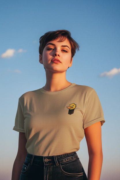 Angry Duck in Pocket Graphic T-Shirt – Cartoon Tee for Women
