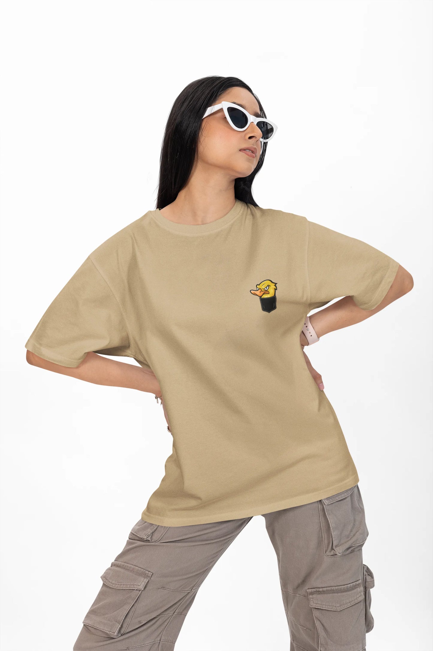Angry Duck in Pocket Graphic T-Shirt – Cartoon Tee for Women