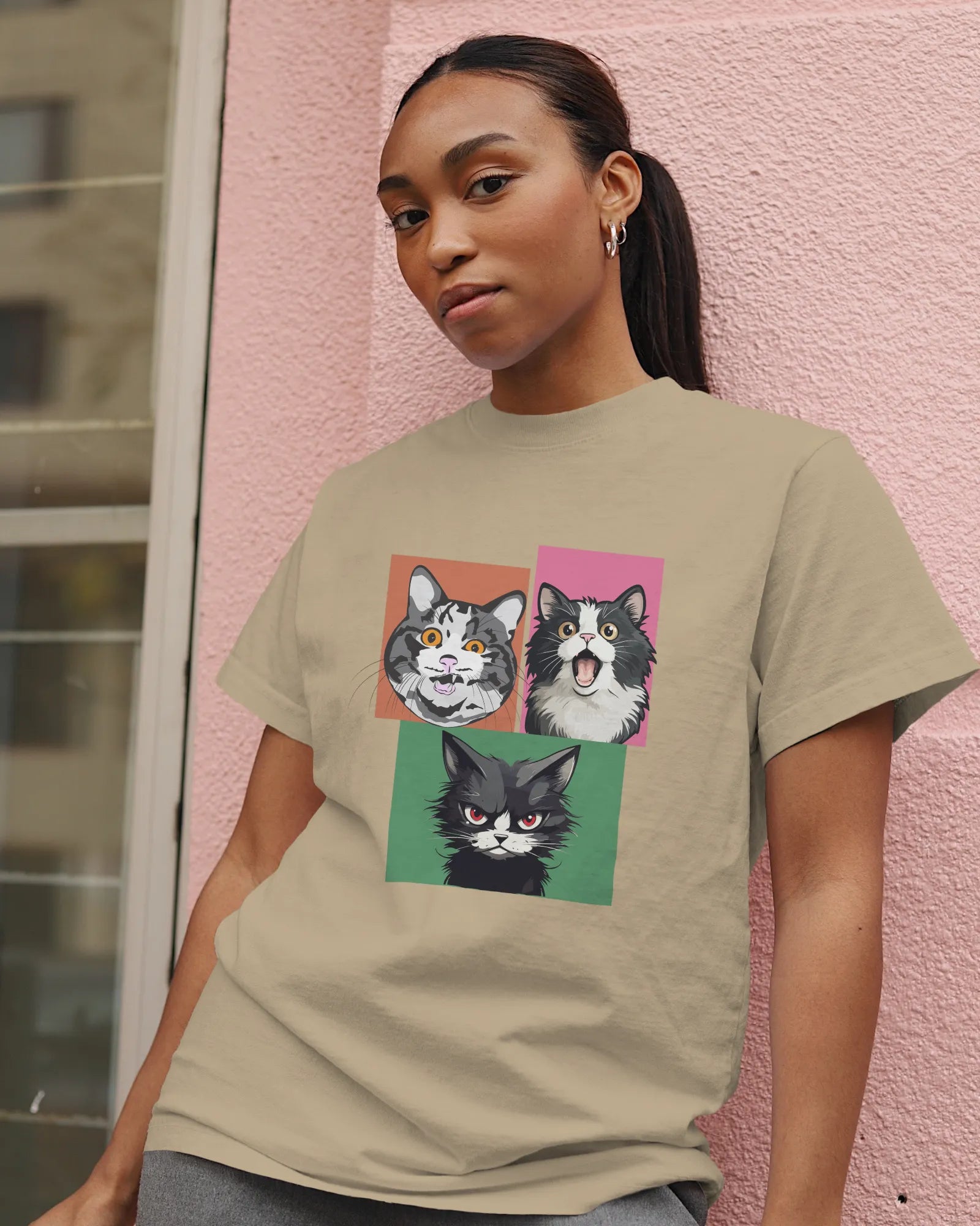 Grumpy, Happy & Surprised Cats Faces Graphic Tee for Women