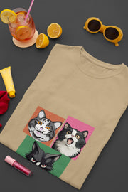 Grumpy, Happy & Surprised Cats Faces Graphic Tee for Women