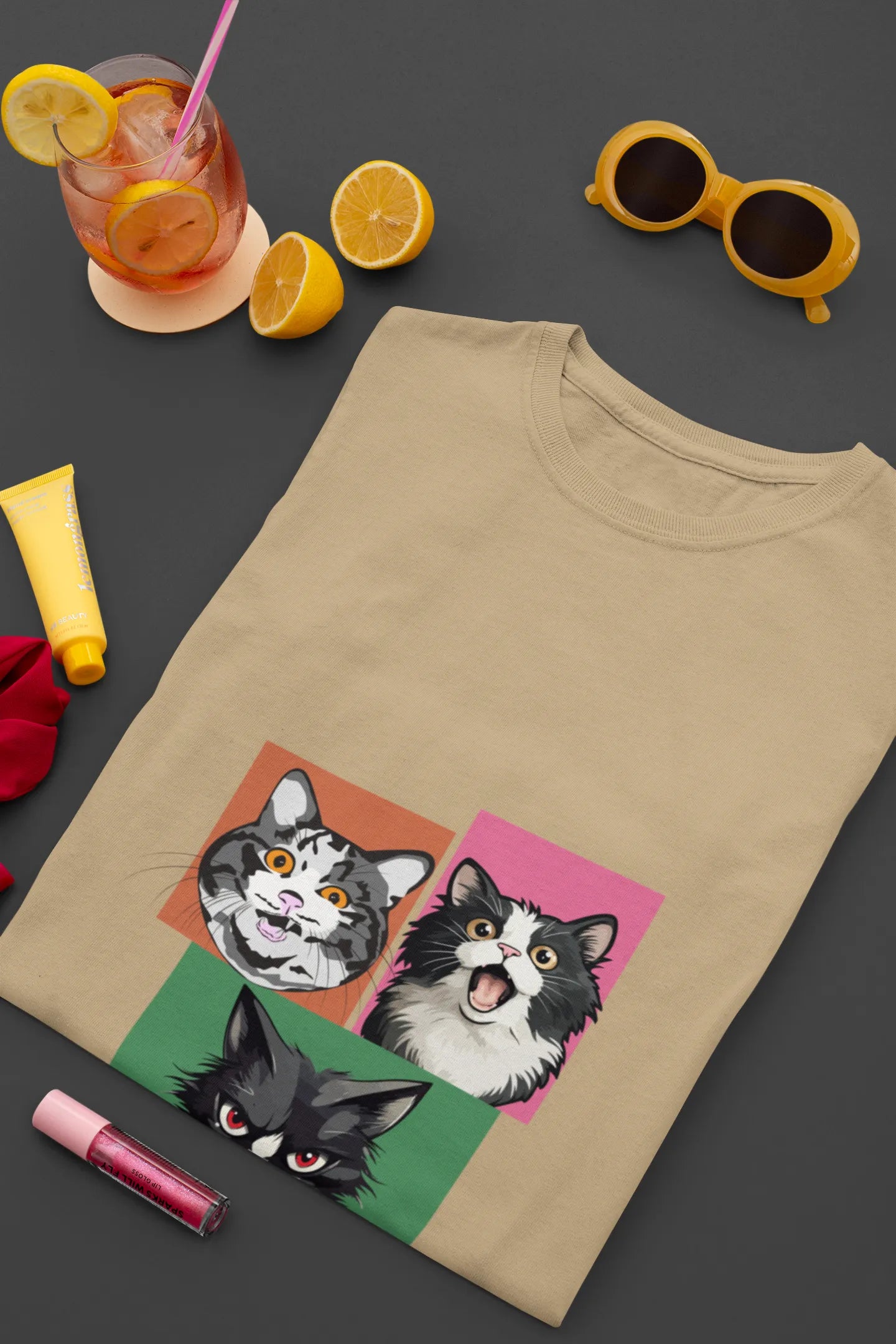 Grumpy, Happy & Surprised Cats Faces Graphic Tee for Women