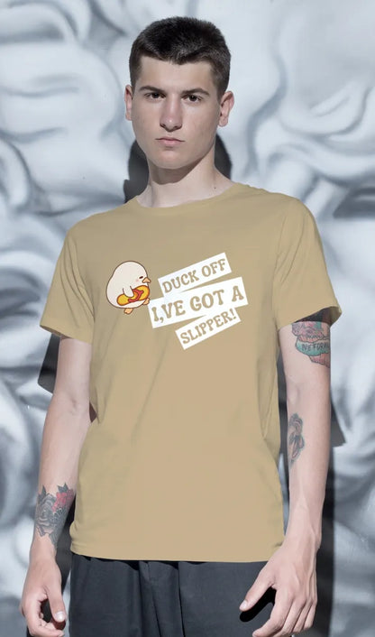 "Funny Duck Off Slipper T-Shirt – Cute Angry Duck Graphic Tee" | Men’s T-shirt for Animal Lovers