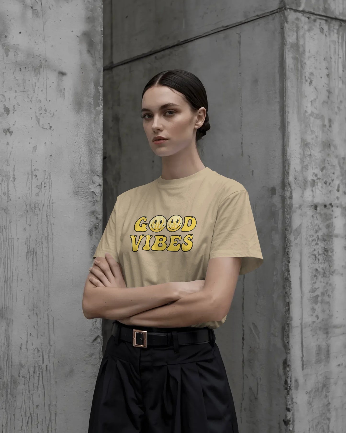 Good Vibes Flame Smiley – Yellow Cartoon Tee for Women