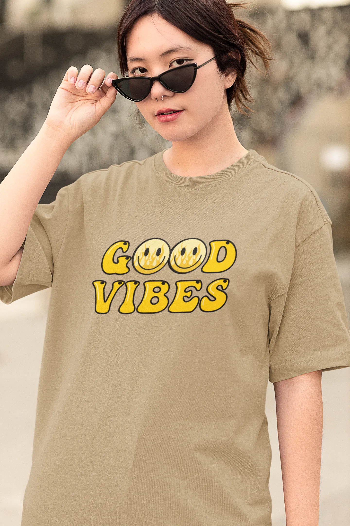 Good Vibes Flame Smiley – Yellow Cartoon Tee for Women