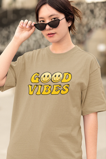 Good Vibes Flame Smiley – Yellow Cartoon Tee for Women