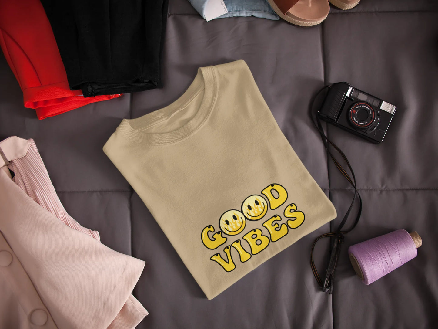 Good Vibes Flame Smiley – Yellow Cartoon Tee for Women