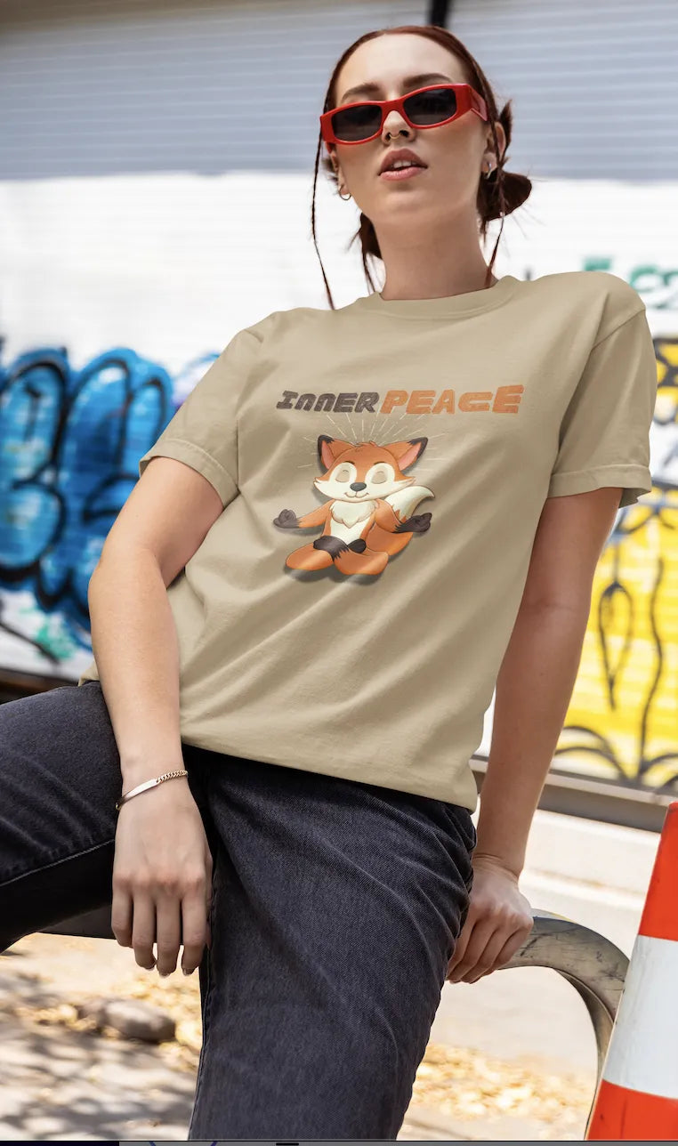 Inner Peace Fox T-Shirt – Meditating Cartoon Tee for Women