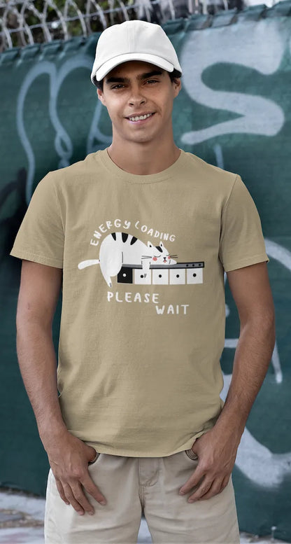 "Low Battery Mode Activated – Cute Lazy Cat Graphic Tee" | Men’s T-shirt for Animal Lovers