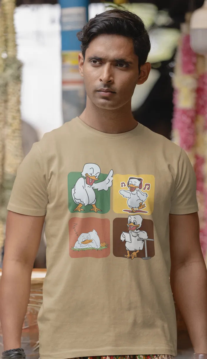 "Mood Swing Duck Graphic T-Shirt – Funny Cartoon Vibes Tee | Chill, Dance, Sleep & Read" | Men’s T-shirt for Cartoon Lovers
