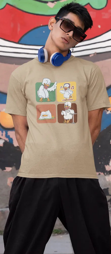 "Mood Swing Duck Graphic T-Shirt – Funny Cartoon Vibes Tee | Chill, Dance, Sleep & Read" | Men’s T-shirt for Cartoon Lovers