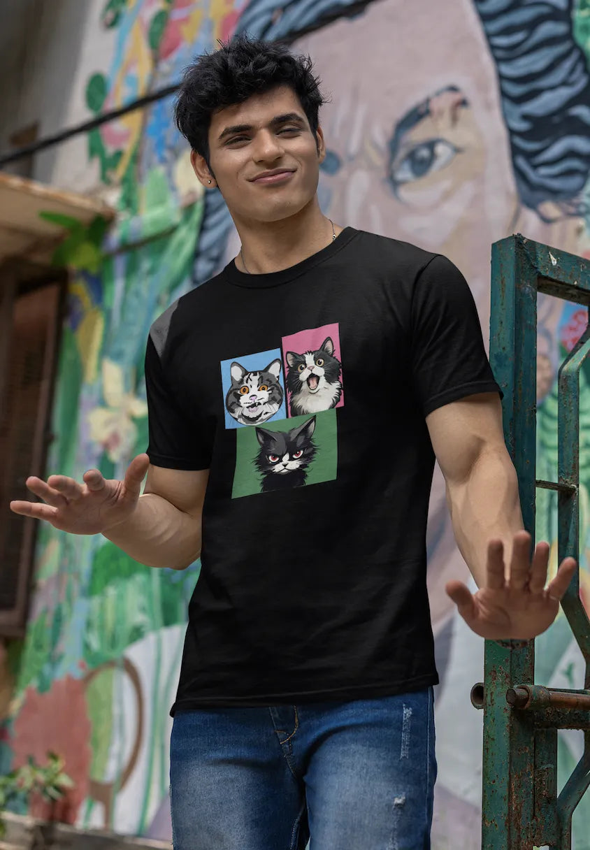 Grumpy, Happy & Surprised Cats Faces Graphic Tee for Men