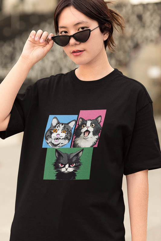 "Funny Cat Faces T-Shirt – Grumpy, Happy & Surprised Cats Graphic Tee" | Women’s T-shirt for Animal Lovers