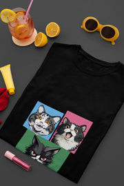 Grumpy, Happy & Surprised Cats Faces Graphic Tee for Women
