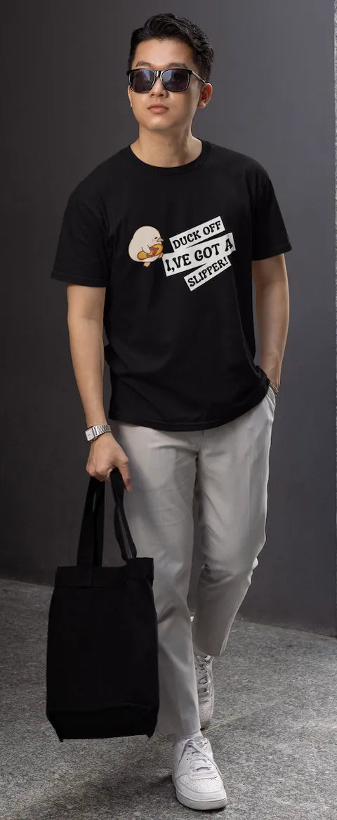 "Funny Duck Off Slipper T-Shirt – Cute Angry Duck Graphic Tee" | Men’s T-shirt for Animal Lovers