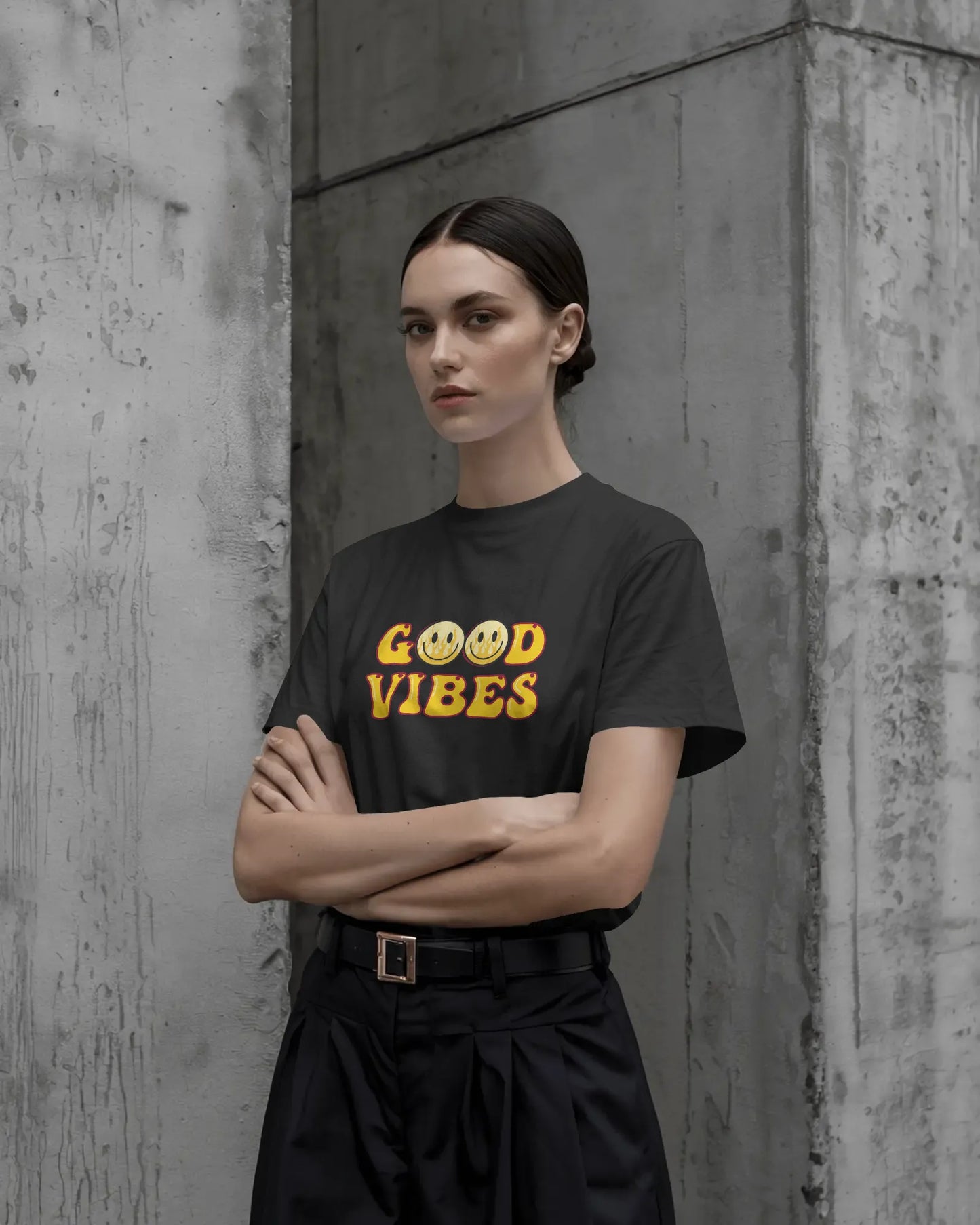 Good Vibes Flame Smiley – Yellow Cartoon Tee for Women