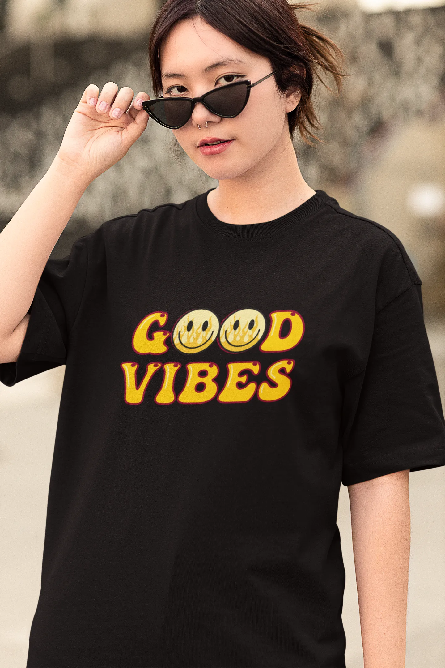 Good Vibes Flame Smiley – Yellow Cartoon Tee for Women