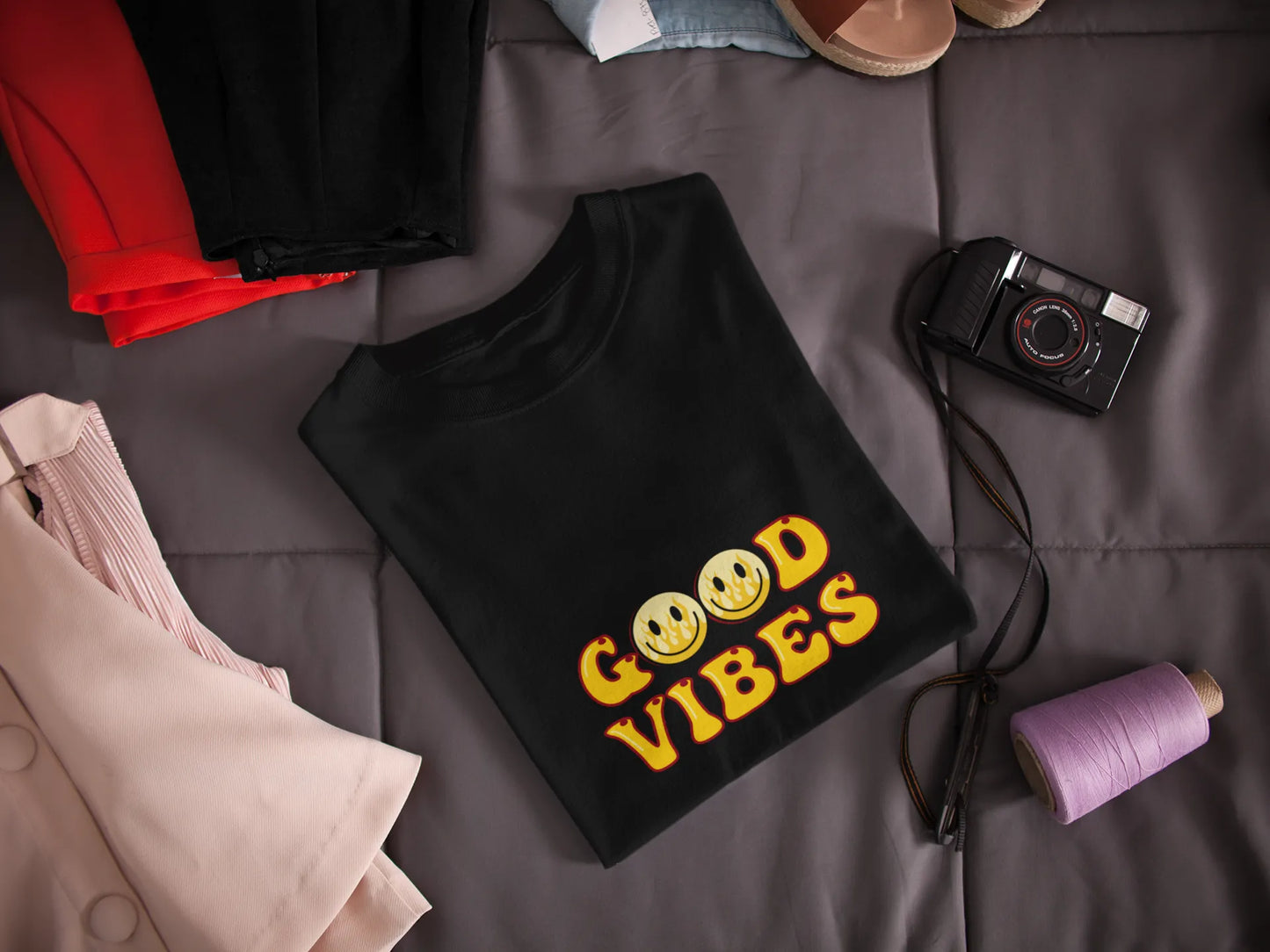 Good Vibes Flame Smiley – Yellow Cartoon Tee for Women