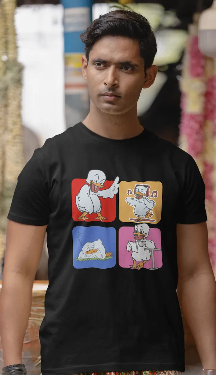 "Mood Swing Duck Graphic T-Shirt – Funny Cartoon Vibes Tee | Chill, Dance, Sleep & Read" | Men’s T-shirt for Cartoon Lovers