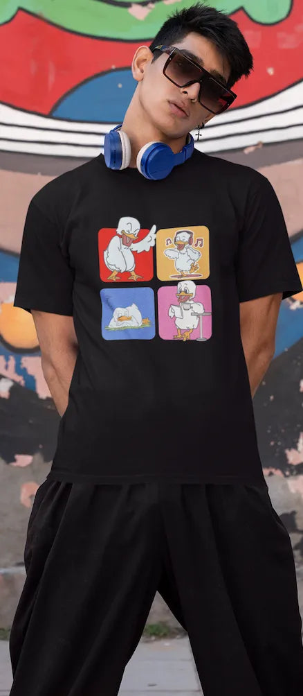 "Mood Swing Duck Graphic T-Shirt – Funny Cartoon Vibes Tee | Chill, Dance, Sleep & Read" | Men’s T-shirt for Cartoon Lovers