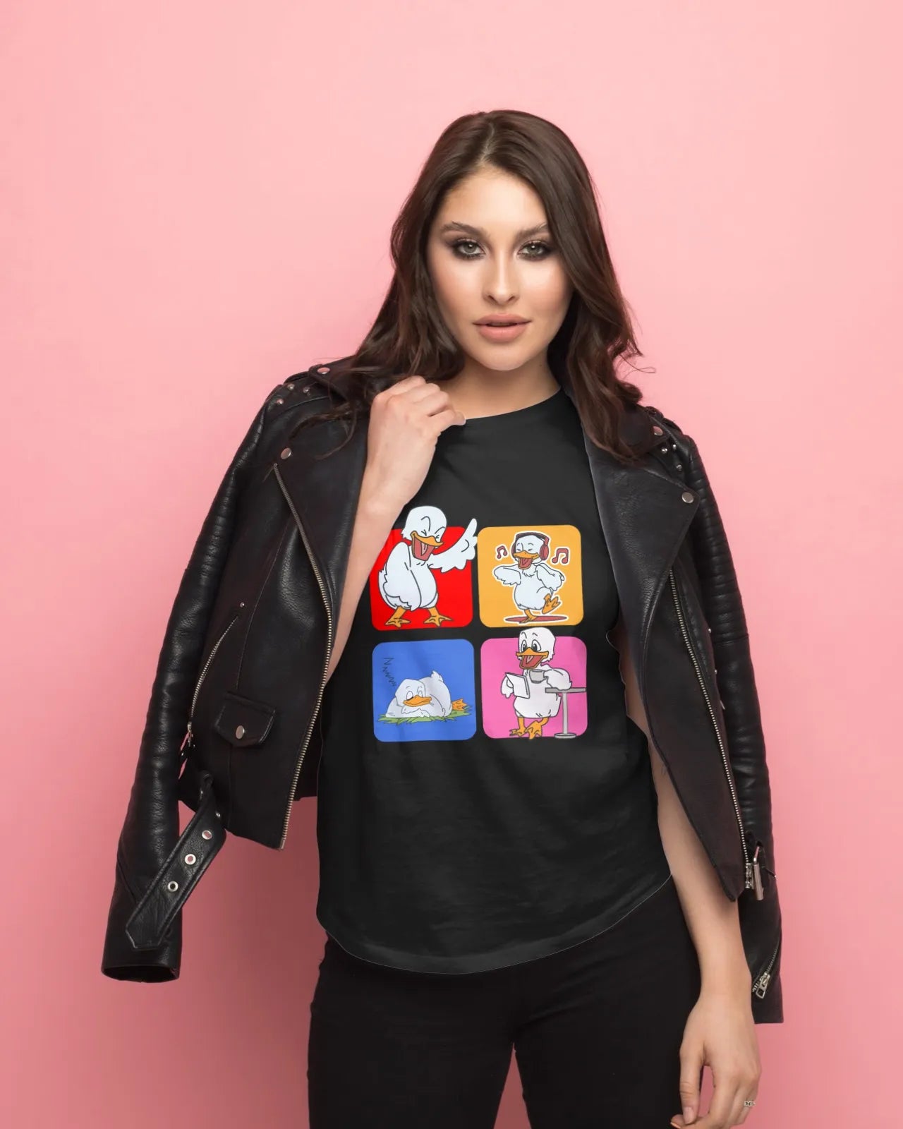 "Mood Swing Duck Graphic T-Shirt – Funny Cartoon Vibes Tee | Chill, Dance, Sleep & Read" | Women’s T-shirt for Cartoon Lovers