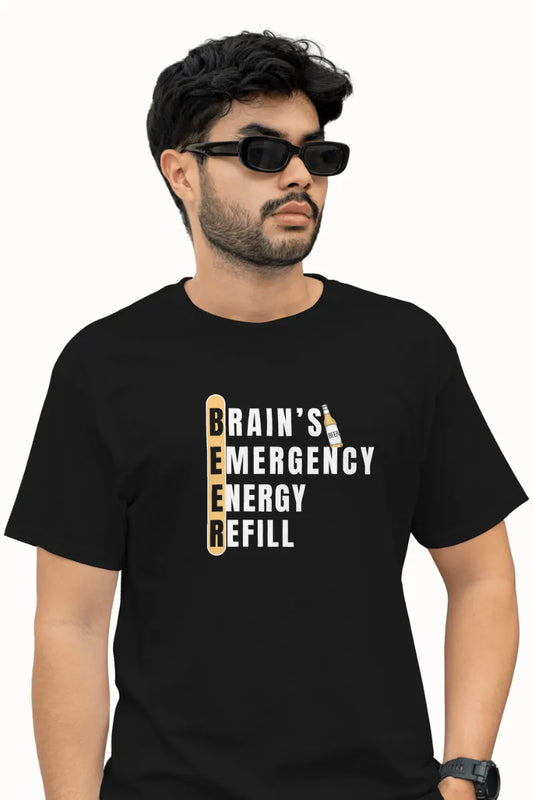 A man wearing a Black T-shirt with BEER acronym 'Brain’s Emergency Energy Refill' in white and yellow print