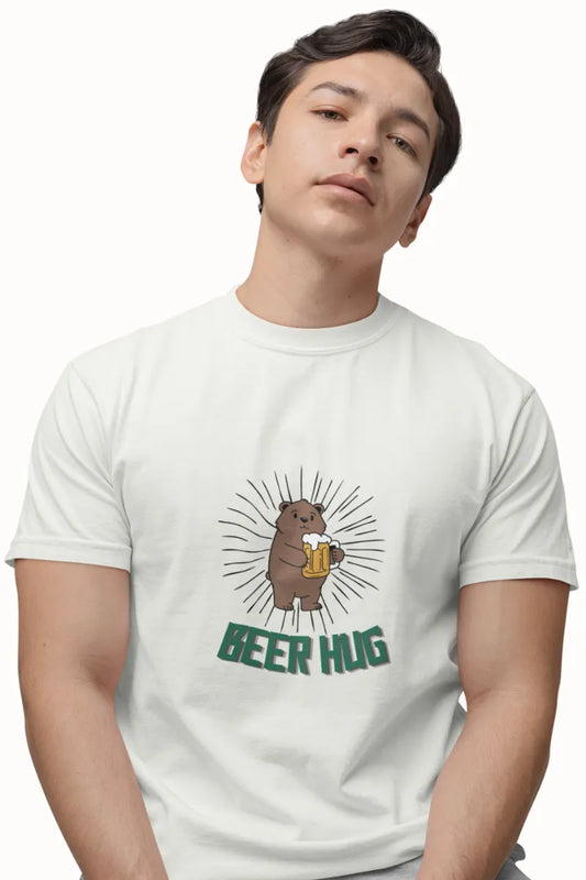 A man wearing an Off-white t-shirt with bear hugging beer mug and Beer Hug text