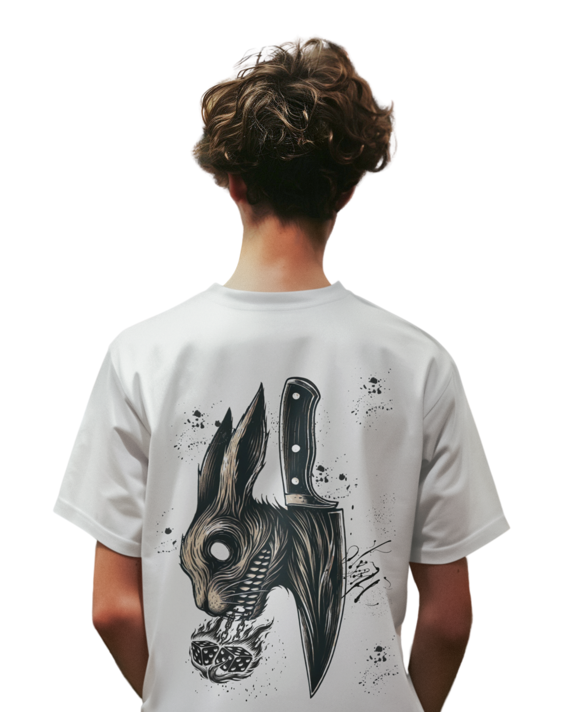 Man wearing an off-white cotton t-shirt featuring a dark artistic print of a rabbit's head with hollow eyes, a knife, and burning dice.