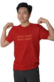 Double Impact 'Good Times Good Vibes Odyssey' T-Shirt | Men's Red T-shirt for Travel and Adventure Lovers
