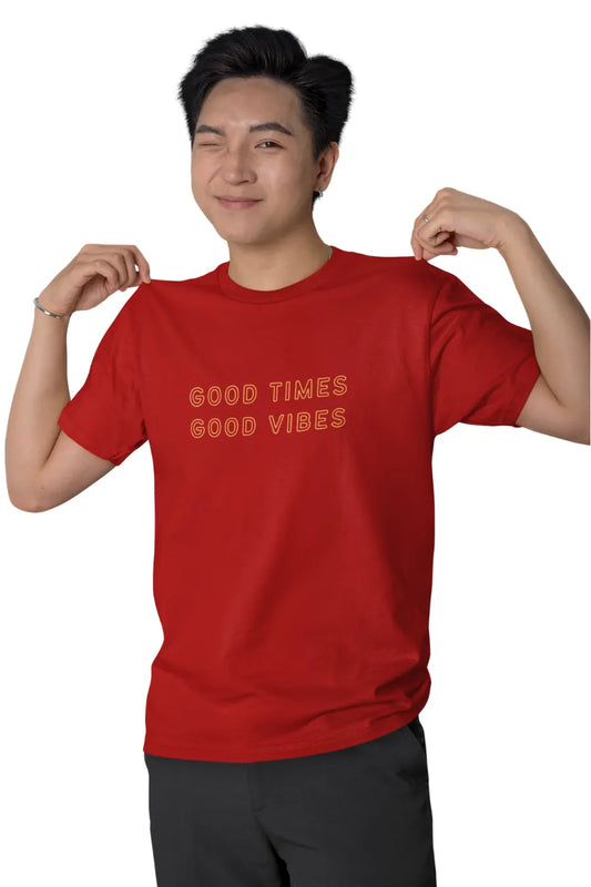 Double Impact 'Good Times Good Vibes Odyssey' T-Shirt | Men's Red T-shirt for Travel and Adventure Lovers