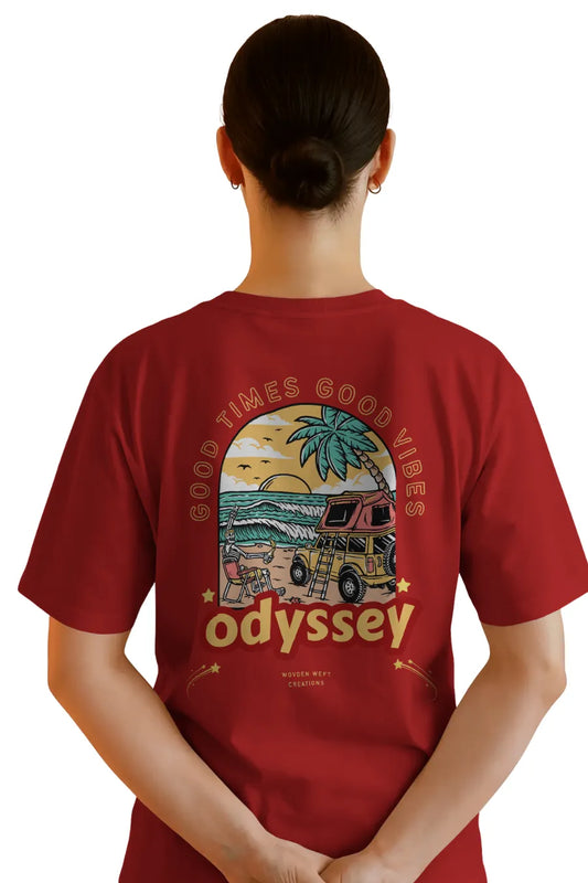 Back view of woman wearing red Odyssey graphic oversized T-shirt