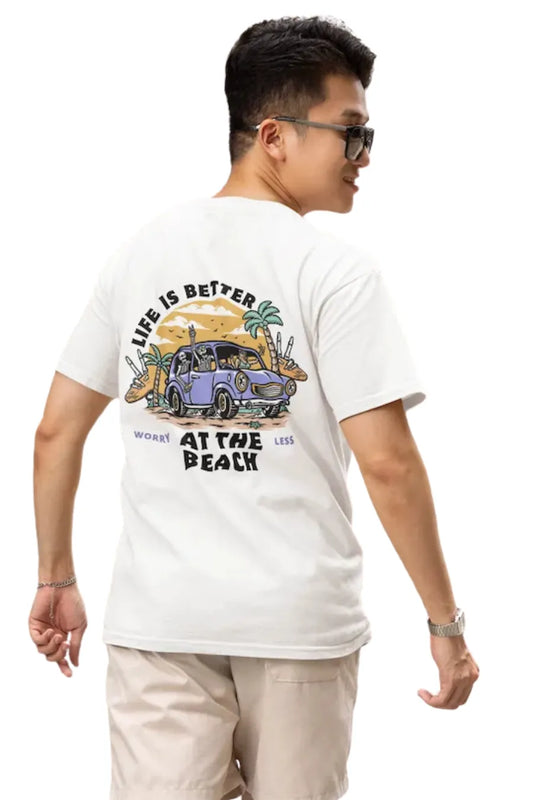 Man wearing an off-white Double Impact T-shirt with beach skeleton and travel car design