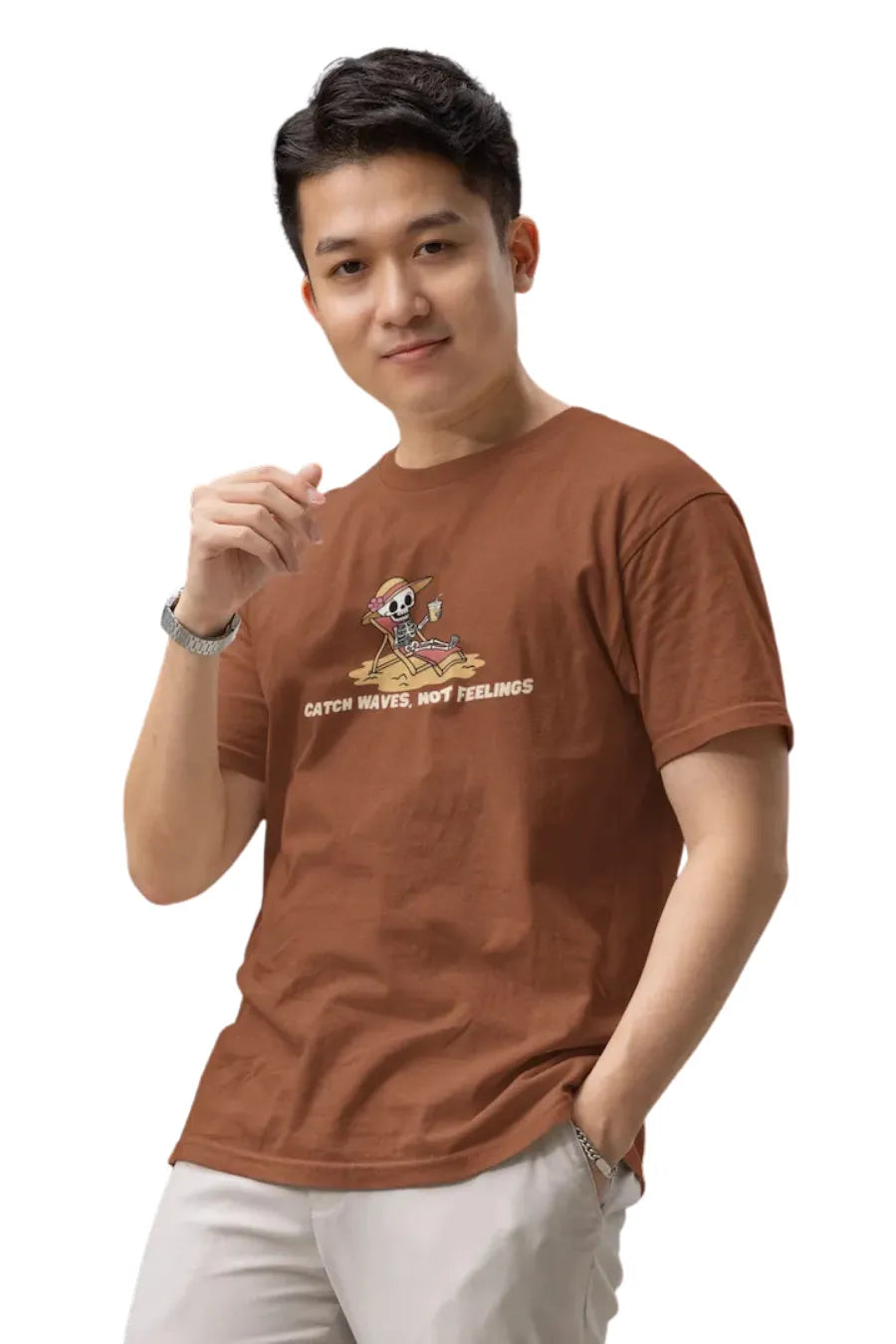 Double Impact Travel-Adventure T-shirt – Beach Vibes | Men's Rust T-shirt for Travel and Adventure Lovers