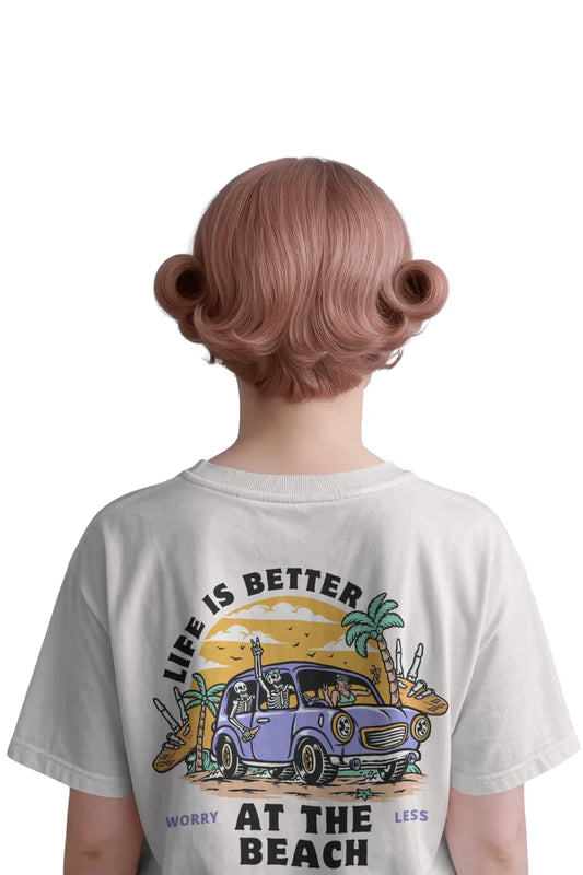 Back view of t-shirt with cartoon skeletons in a beach car and text 'Life is Better at the Beach'