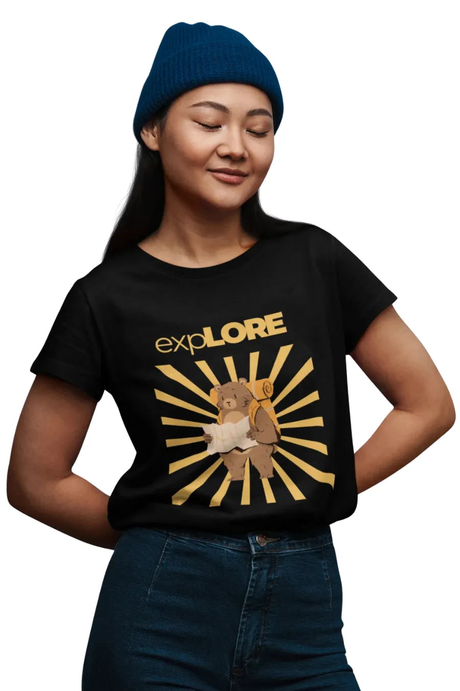 Black oversized t-shirt with white 'Explore' typography and nature-inspired icons