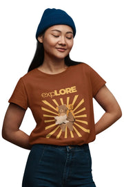 Brown relaxed fit T-shirt with bear holding a map and 'Explore' text