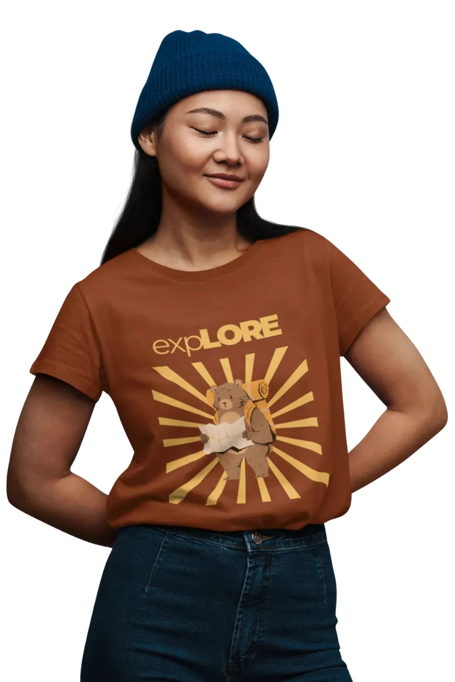 Brown relaxed fit T-shirt with bear holding a map and 'Explore' text