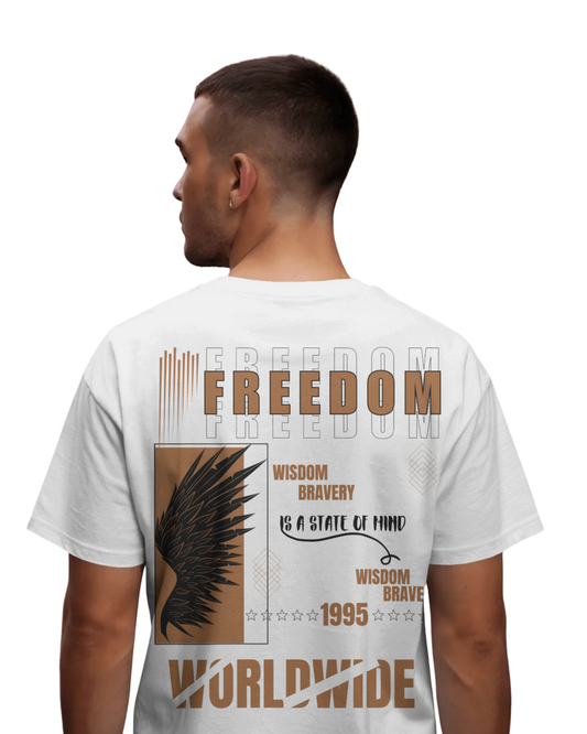 Man wearing an off-white cotton t-shirt in regular and relaxed fit with “Freedom is a state of mind” and wing artwork printed on the back and front