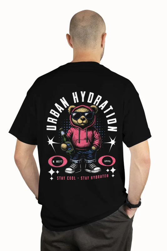 A man wearing a Black t-shirt with bear in hoodie and Urban Hydration text on back
