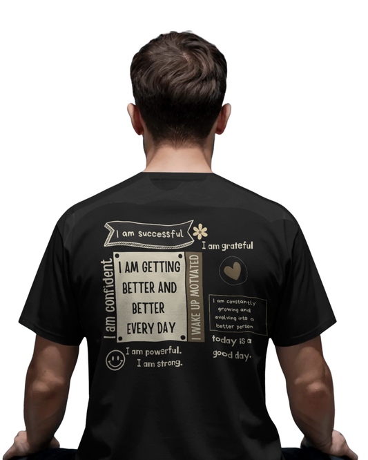 Man wearing a black cotton t-shirt in regular and relaxed fit with motivational quotes like “I am getting better and better every day” and “I am successful” printed on the back..