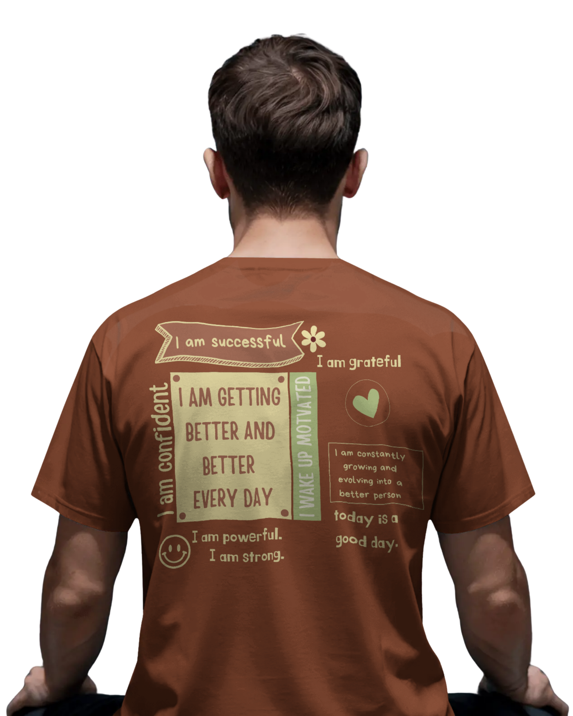 Man wearing a rust brown t-shirt with motivational affirmations printed on the back and front including “I am confident,” “I am grateful,” and “Better every day.”