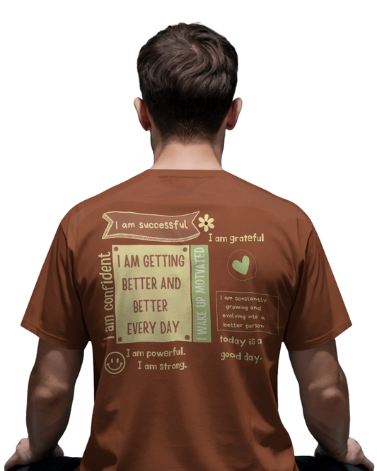Man wearing a rust brown t-shirt with motivational affirmations printed on the back and front including “I am confident,” “I am grateful,” and “Better every day.”