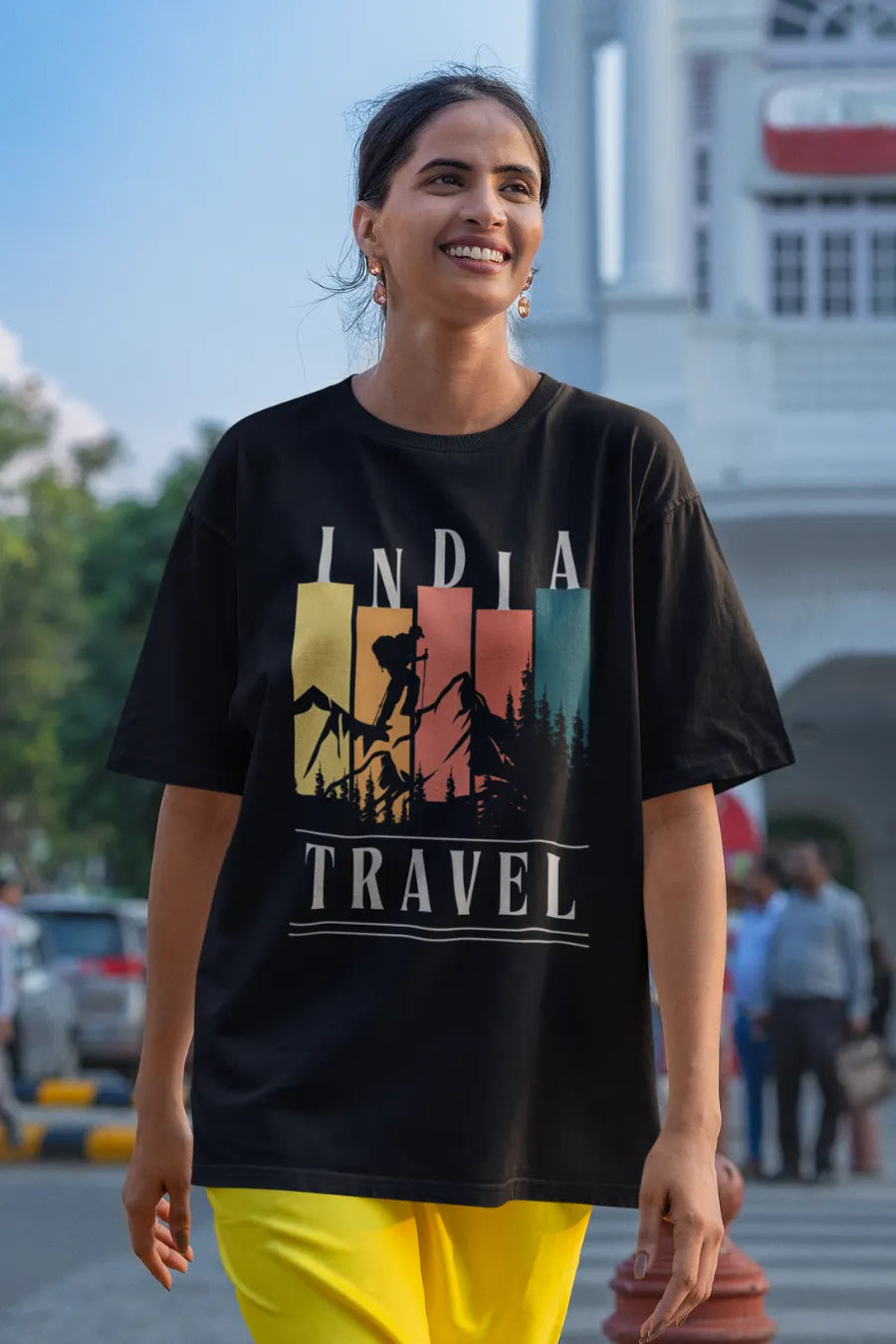 Black relaxed fit t-shirt with colorful India Travel graphic and mountain illustration