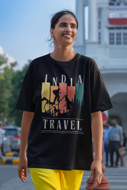 Black relaxed fit t-shirt with colorful India Travel graphic and mountain illustration
