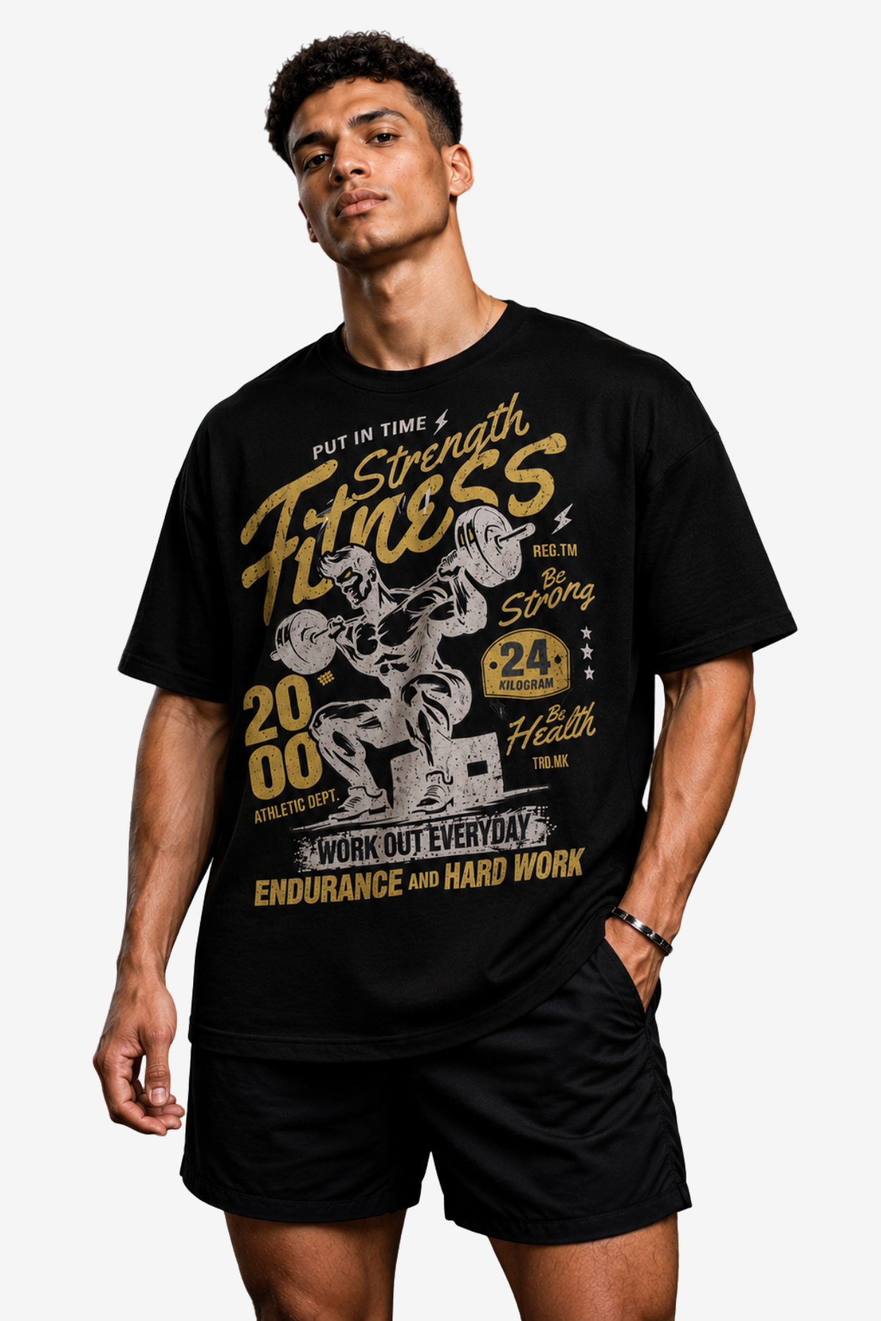 Black men's gym T-shirt with Strength fitness weightlifter artwork and workout quotes