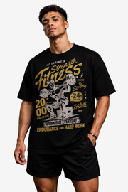 Black men's gym T-shirt with Strength fitness weightlifter artwork and workout quotes