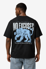 Black No Excuses gym T-shirt with blue panther dumbbell artwork and motivational quote