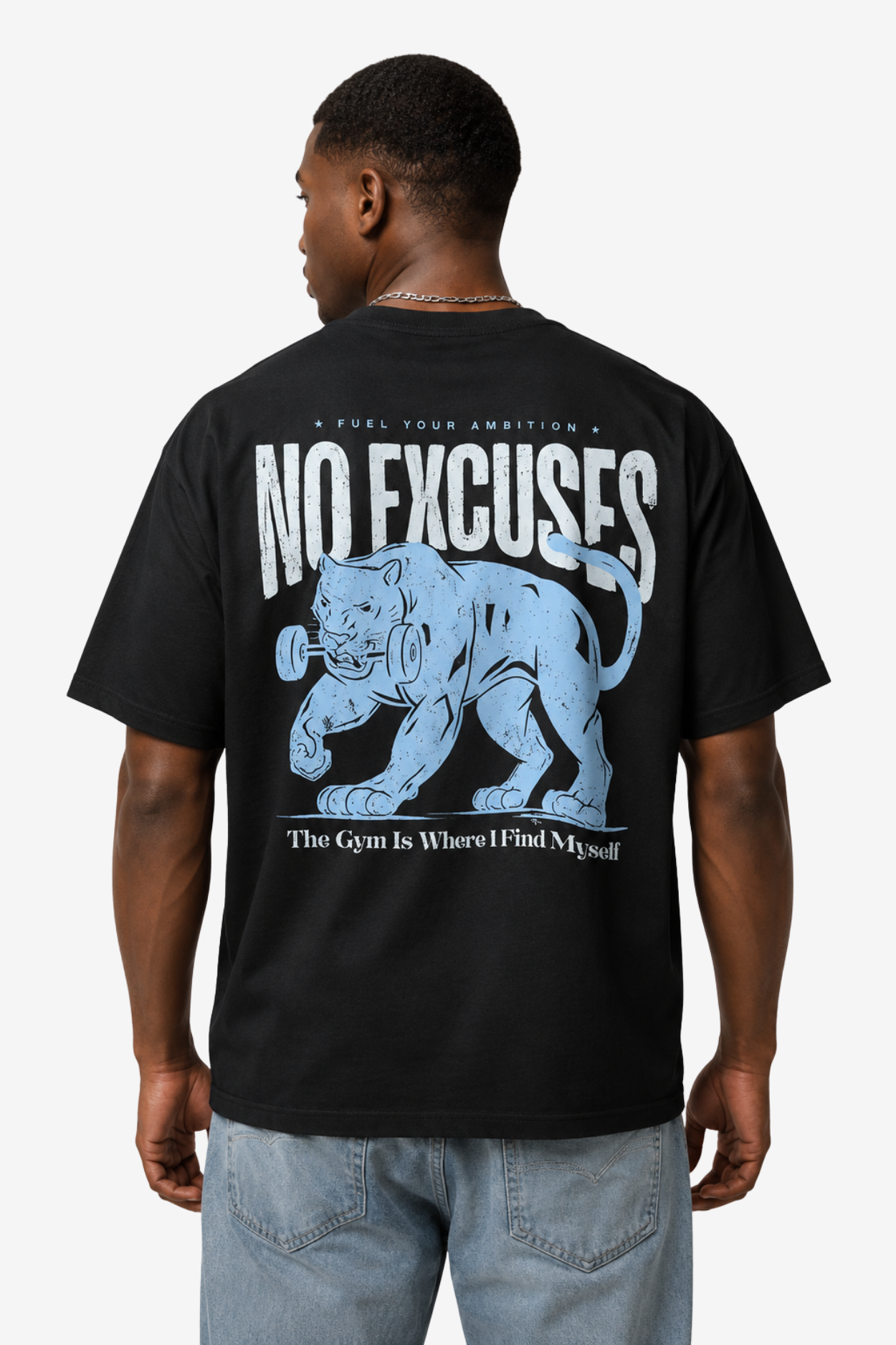 Black No Excuses gym T-shirt with blue panther dumbbell artwork and motivational quote