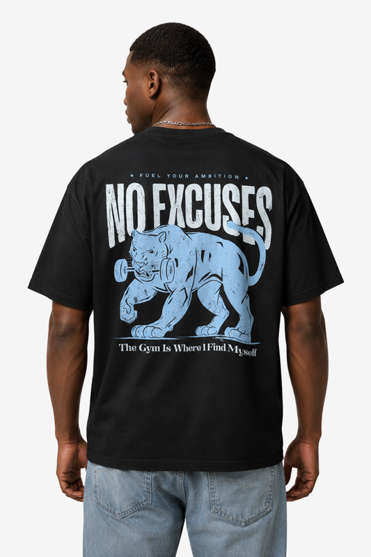 Black No Excuses gym T-shirt with blue panther dumbbell artwork and motivational quote