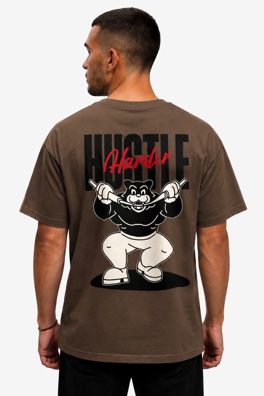 Rust men's T-shirt with Hustle Harder quote and cartoon weightlifter back print